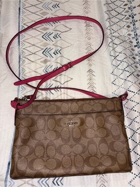 Coach East West Brown Signature Crossbody with Pink Strap